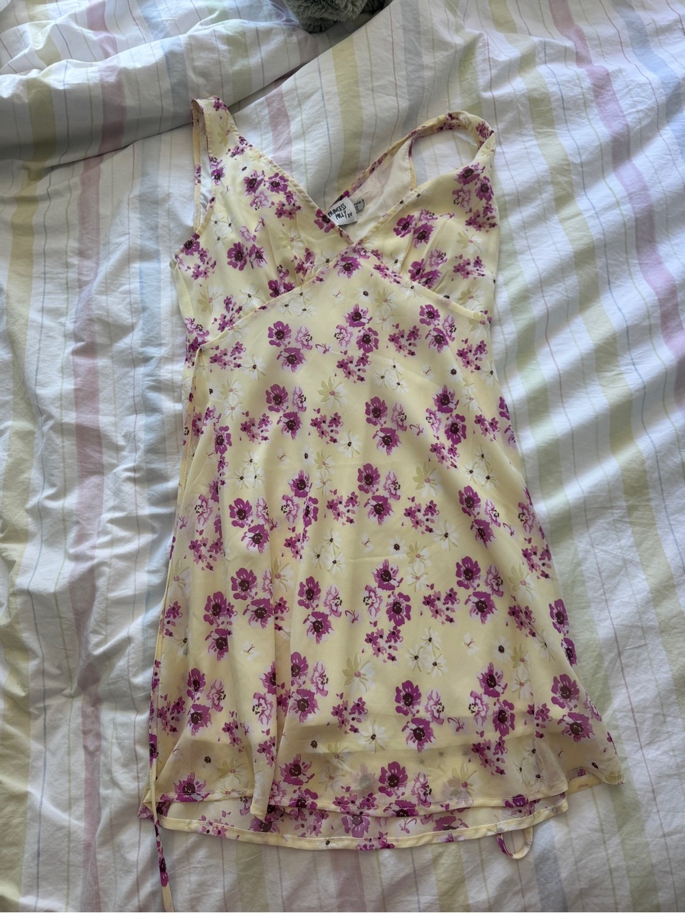 Princess Polly Pale Yellow Floral Slip Dress with Purple Print